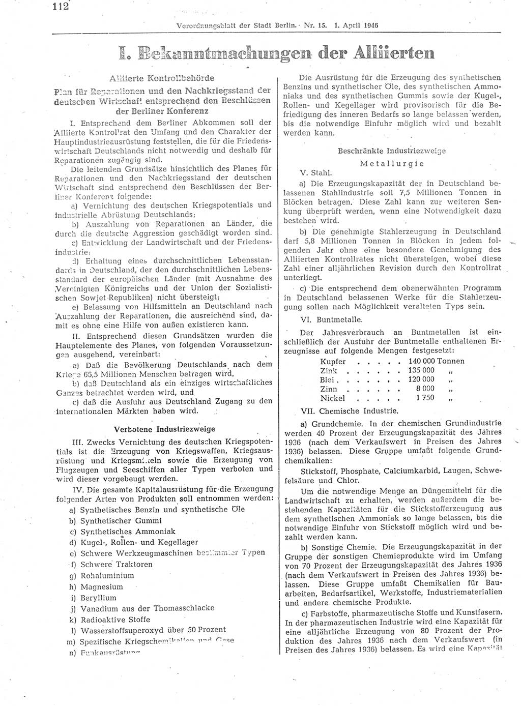Verordnungsblatt (VOBl.) der Stadt Berlin, für Groß-Berlin 1946, Seite 112 (VOBl. Bln. 1946, S. 112)