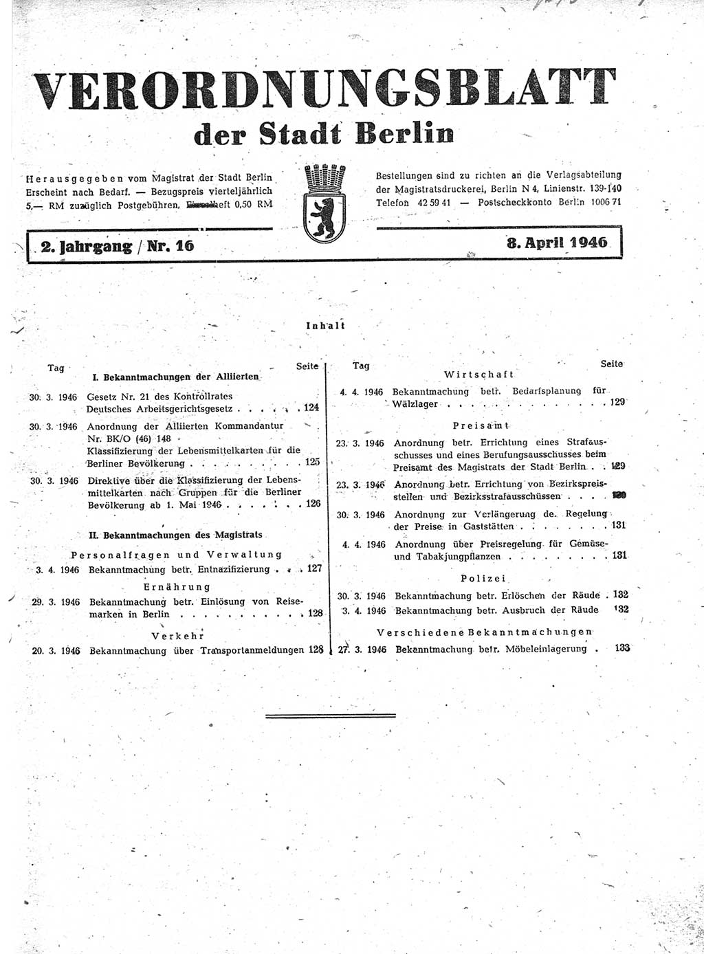 Verordnungsblatt (VOBl.) der Stadt Berlin, für Groß-Berlin 1946, Seite 123 (VOBl. Bln. 1946, S. 123)