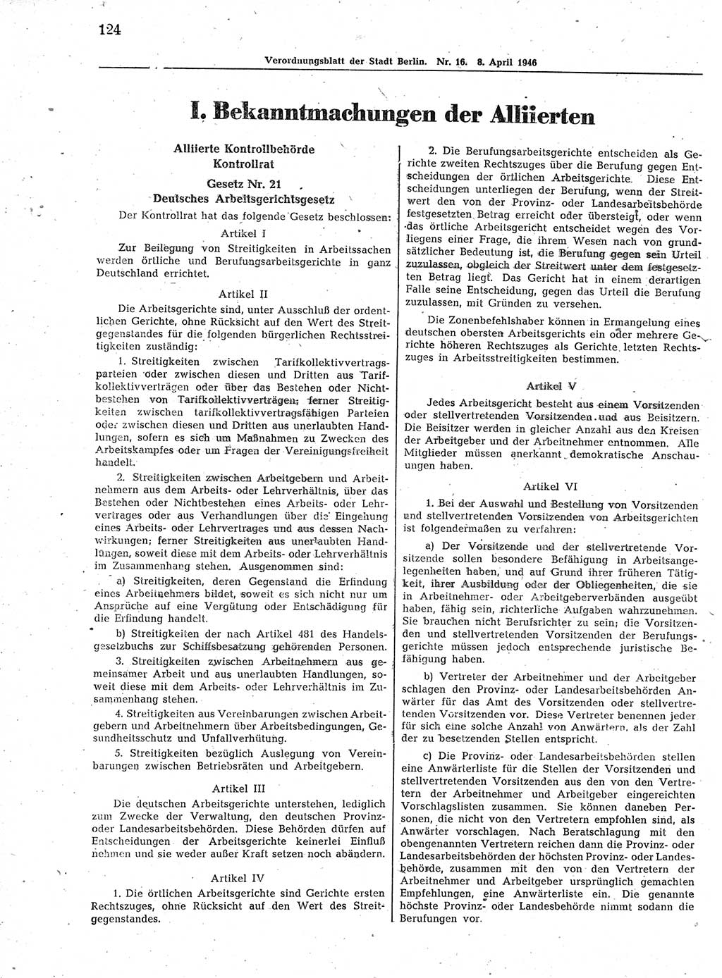 Verordnungsblatt (VOBl.) der Stadt Berlin, für Groß-Berlin 1946, Seite 124 (VOBl. Bln. 1946, S. 124)