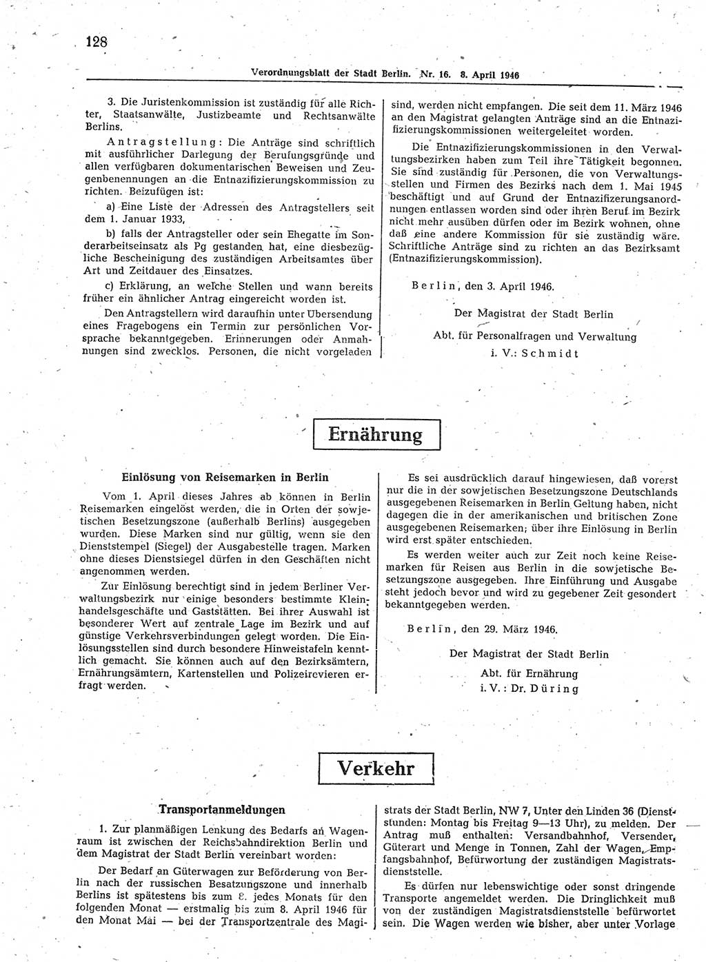 Verordnungsblatt (VOBl.) der Stadt Berlin, für Groß-Berlin 1946, Seite 128 (VOBl. Bln. 1946, S. 128)