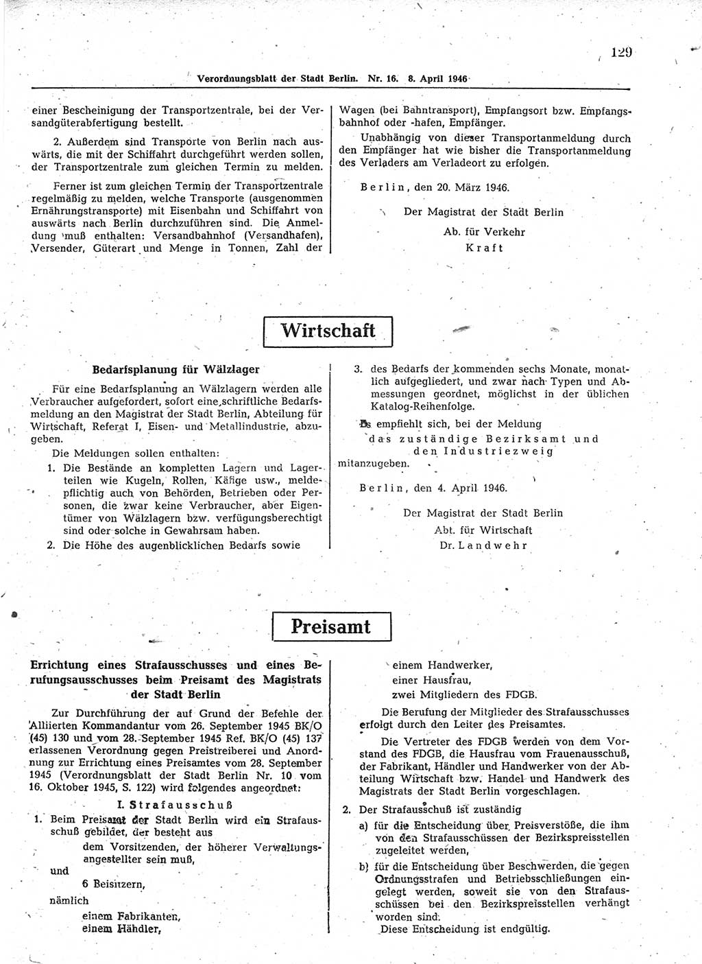 Verordnungsblatt (VOBl.) der Stadt Berlin, für Groß-Berlin 1946, Seite 129 (VOBl. Bln. 1946, S. 129)
