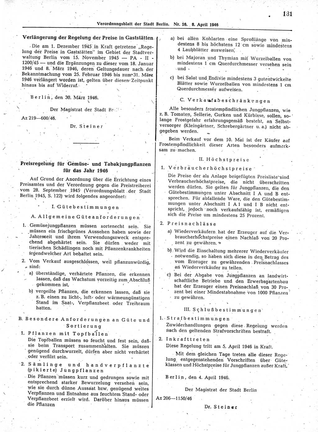 Verordnungsblatt (VOBl.) der Stadt Berlin, für Groß-Berlin 1946, Seite 131 (VOBl. Bln. 1946, S. 131)