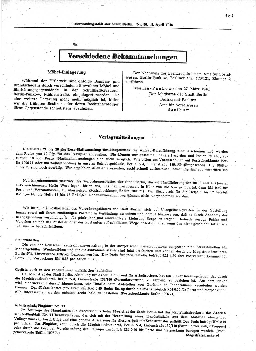 Verordnungsblatt (VOBl.) der Stadt Berlin, für Groß-Berlin 1946, Seite 133 (VOBl. Bln. 1946, S. 133)