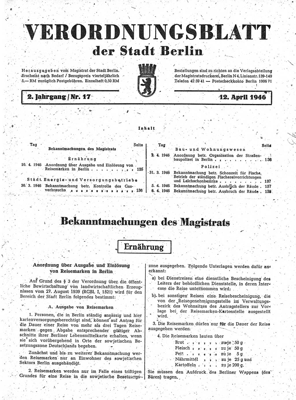 Verordnungsblatt (VOBl.) der Stadt Berlin, für Groß-Berlin 1946, Seite 135 (VOBl. Bln. 1946, S. 135)