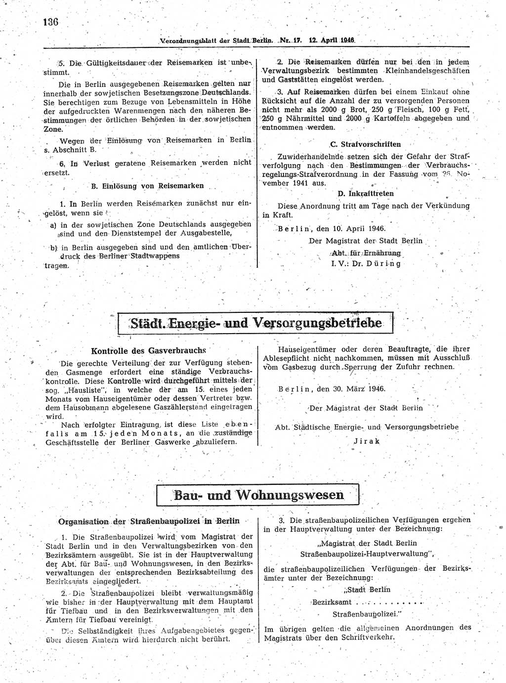 Verordnungsblatt (VOBl.) der Stadt Berlin, für Groß-Berlin 1946, Seite 136 (VOBl. Bln. 1946, S. 136)