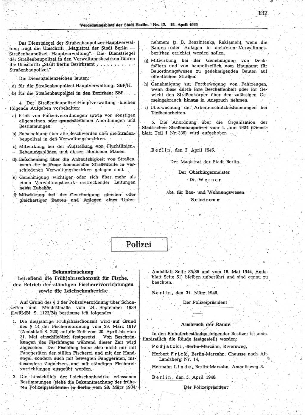 Verordnungsblatt (VOBl.) der Stadt Berlin, für Groß-Berlin 1946, Seite 137 (VOBl. Bln. 1946, S. 137)