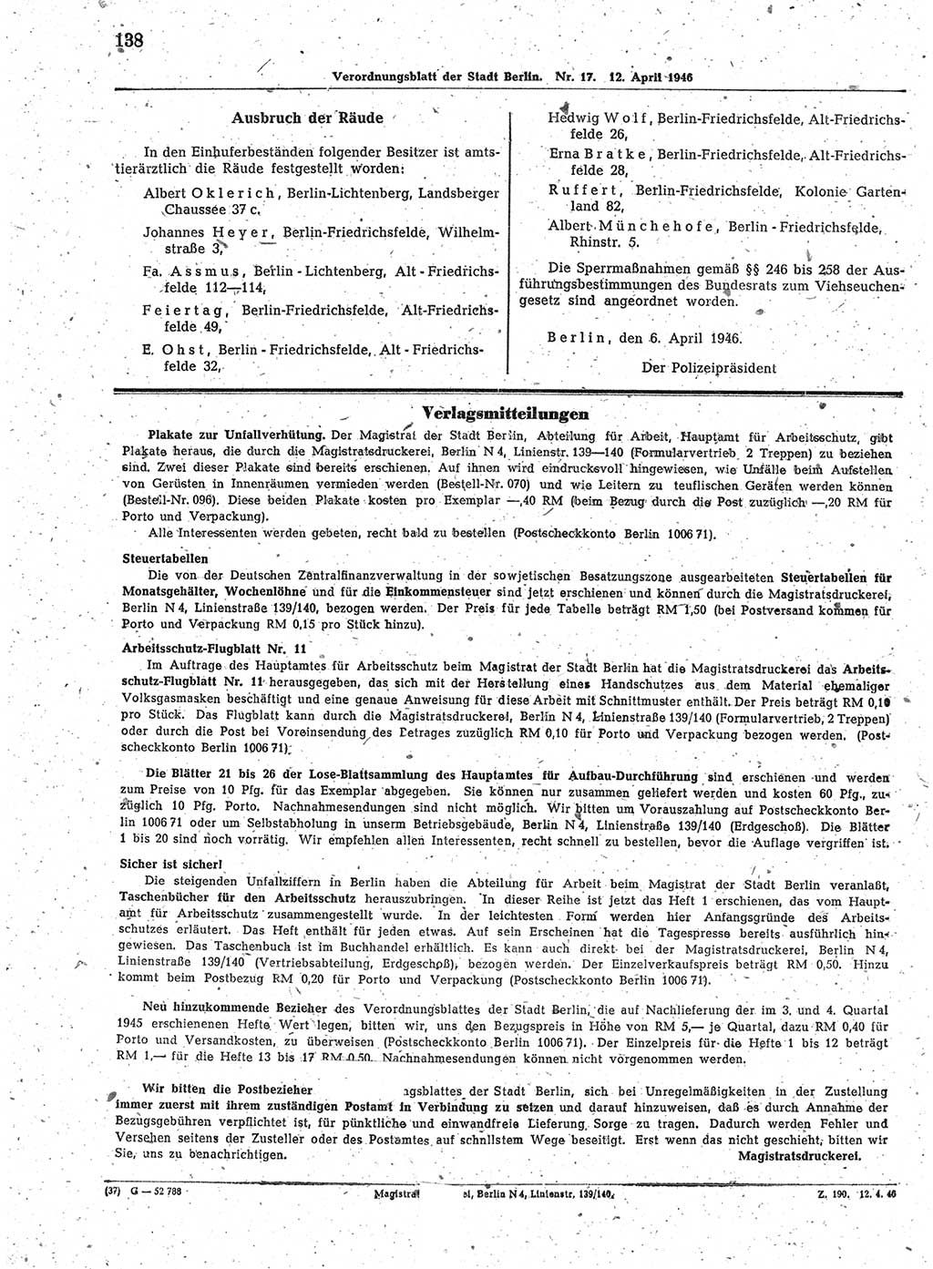 Verordnungsblatt (VOBl.) der Stadt Berlin, für Groß-Berlin 1946, Seite 138 (VOBl. Bln. 1946, S. 138)