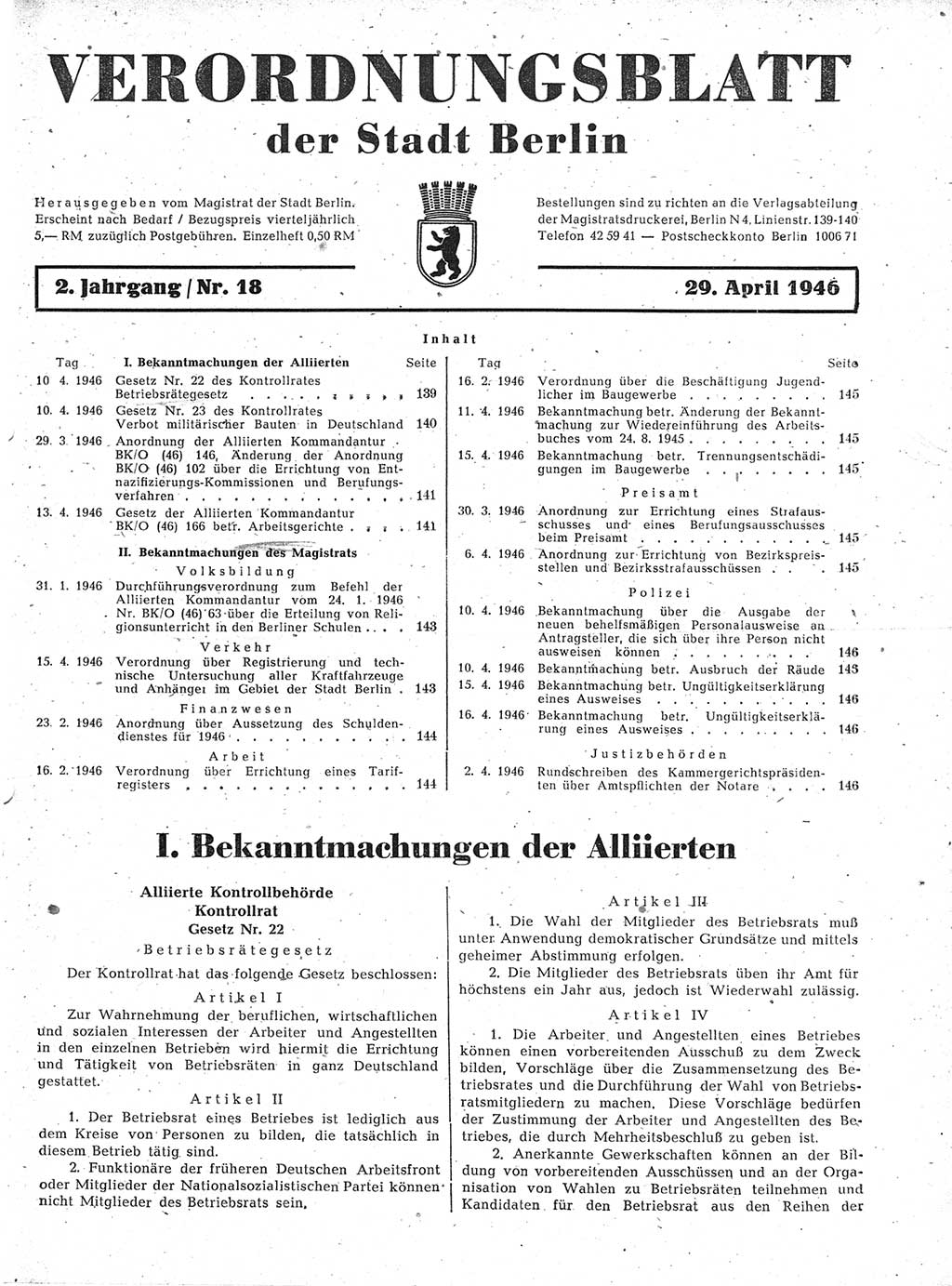 Verordnungsblatt (VOBl.) der Stadt Berlin, für Groß-Berlin 1946, Seite 139 (VOBl. Bln. 1946, S. 139)