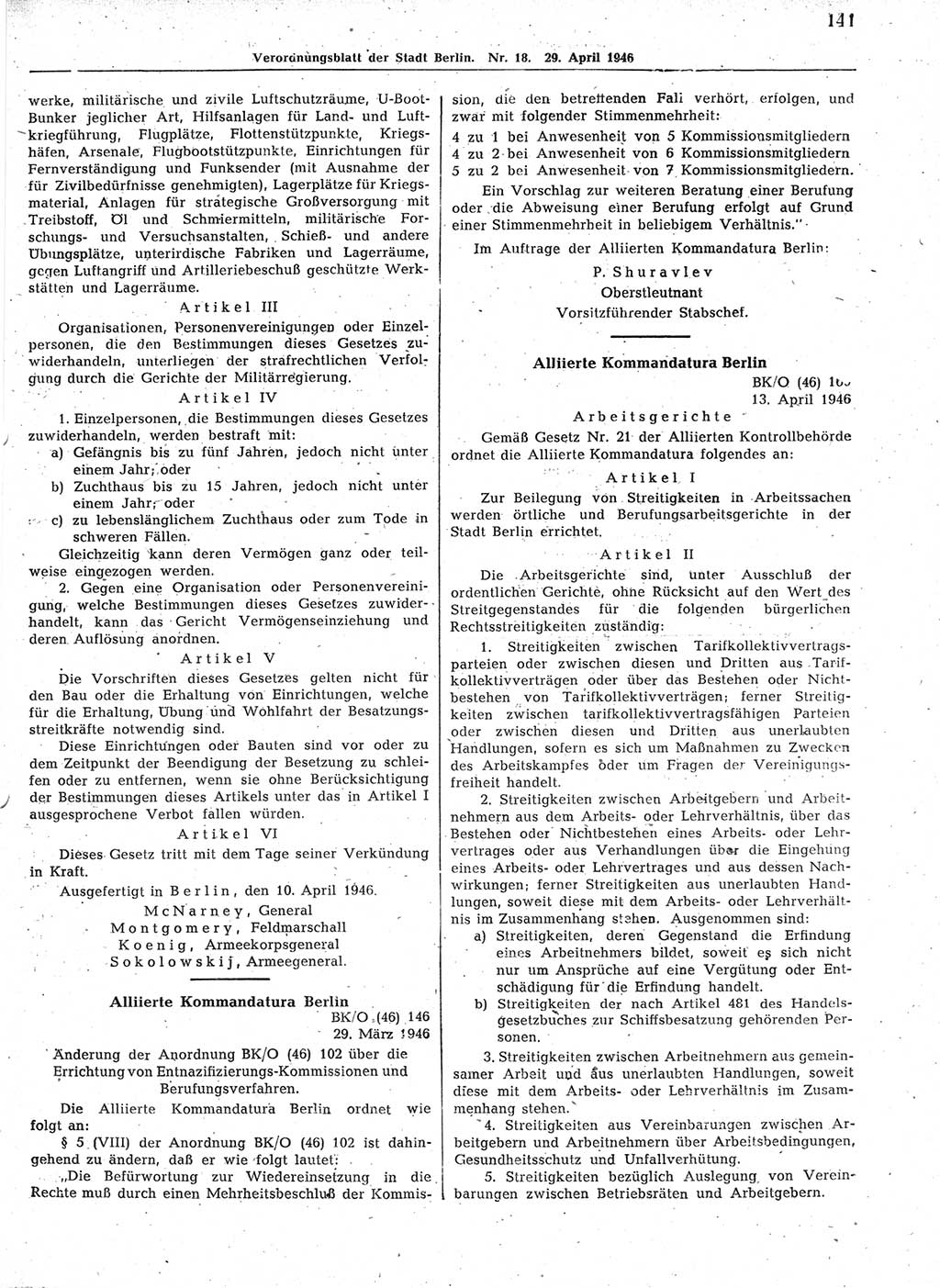 Verordnungsblatt (VOBl.) der Stadt Berlin, für Groß-Berlin 1946, Seite 141 (VOBl. Bln. 1946, S. 141)