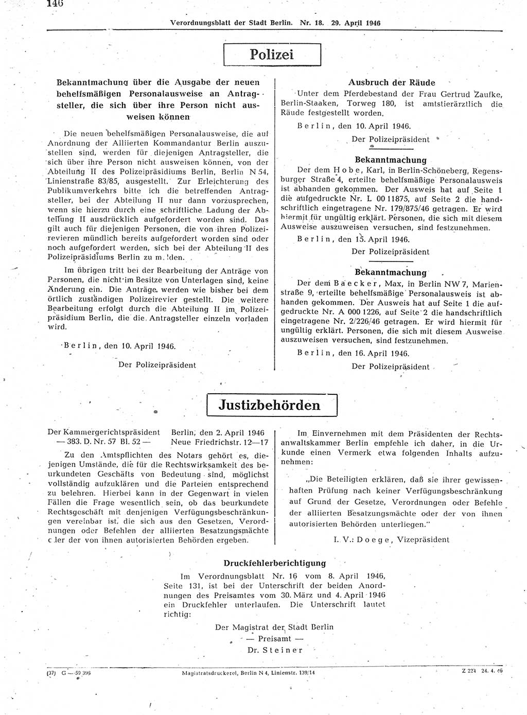 Verordnungsblatt (VOBl.) der Stadt Berlin, für Groß-Berlin 1946, Seite 146 (VOBl. Bln. 1946, S. 146)