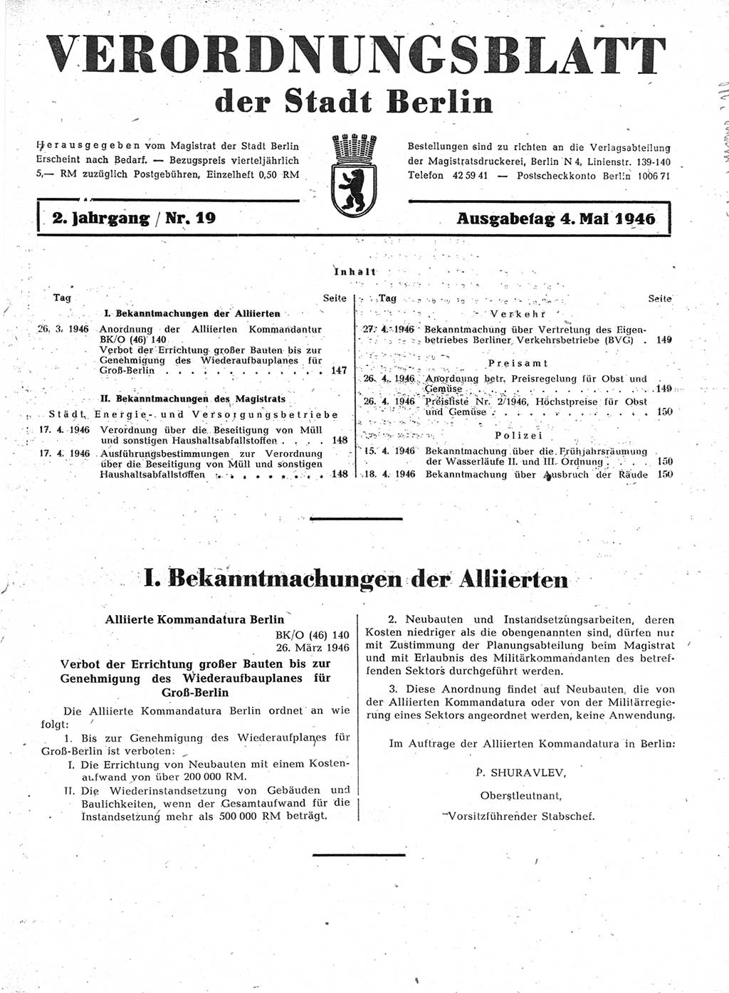Verordnungsblatt (VOBl.) der Stadt Berlin, für Groß-Berlin 1946, Seite 147 (VOBl. Bln. 1946, S. 147)