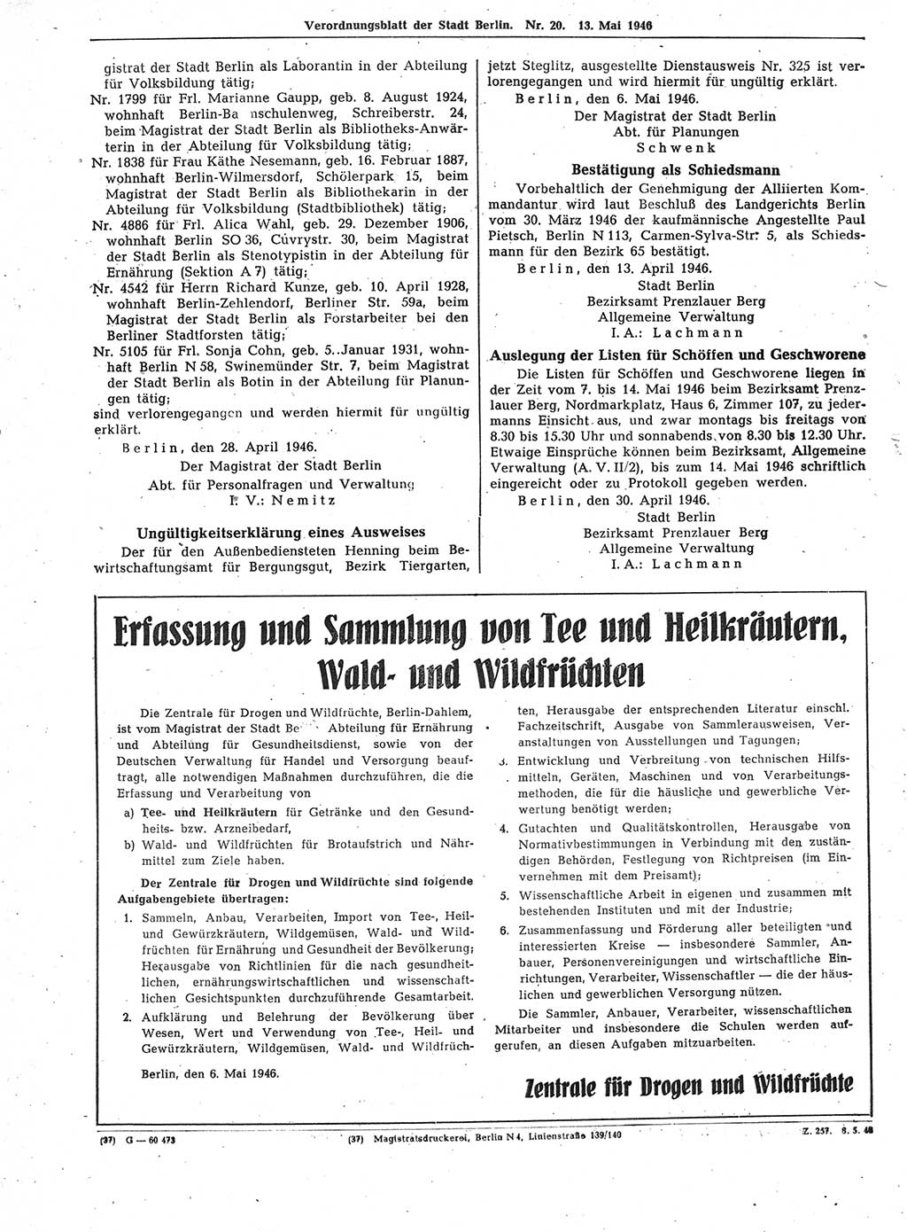 Verordnungsblatt (VOBl.) der Stadt Berlin, für Groß-Berlin 1946, Seite 158 (VOBl. Bln. 1946, S. 158)