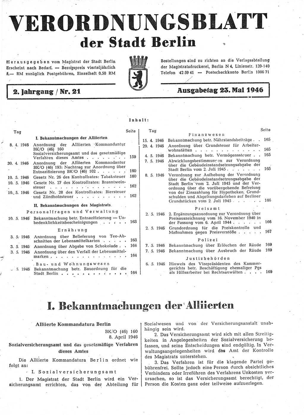 Verordnungsblatt (VOBl.) der Stadt Berlin, für Groß-Berlin 1946, Seite 159 (VOBl. Bln. 1946, S. 159)