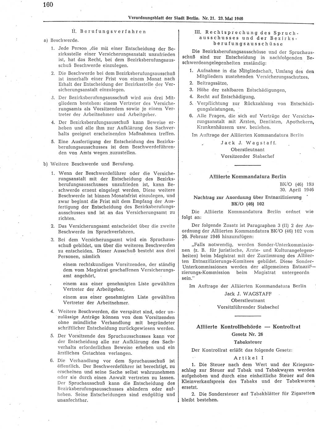 Verordnungsblatt (VOBl.) der Stadt Berlin, für Groß-Berlin 1946, Seite 160 (VOBl. Bln. 1946, S. 160)
