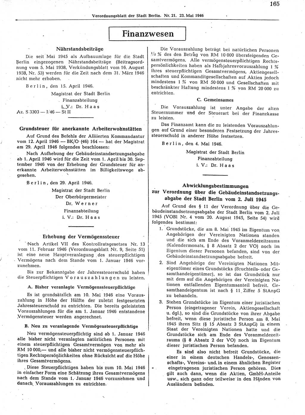 Verordnungsblatt (VOBl.) der Stadt Berlin, für Groß-Berlin 1946, Seite 165 (VOBl. Bln. 1946, S. 165)