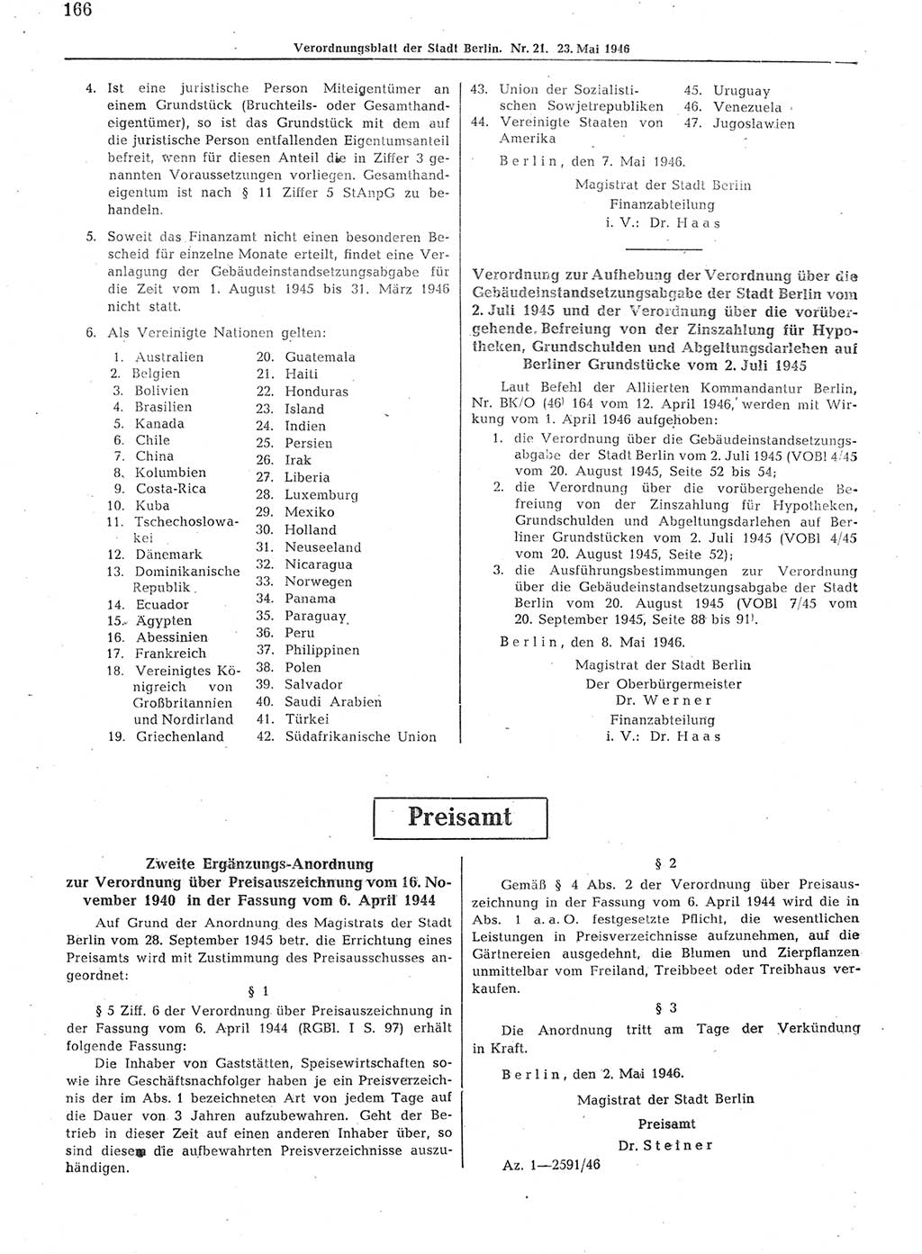 Verordnungsblatt (VOBl.) der Stadt Berlin, für Groß-Berlin 1946, Seite 166 (VOBl. Bln. 1946, S. 166)