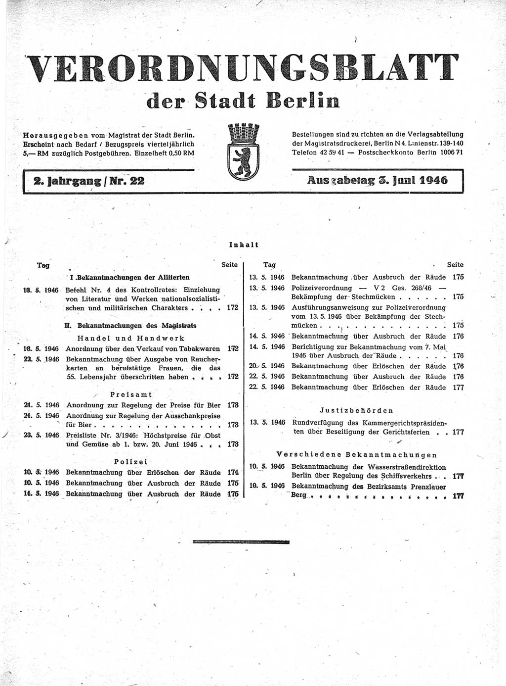 Verordnungsblatt (VOBl.) der Stadt Berlin, für Groß-Berlin 1946, Seite 171 (VOBl. Bln. 1946, S. 171)
