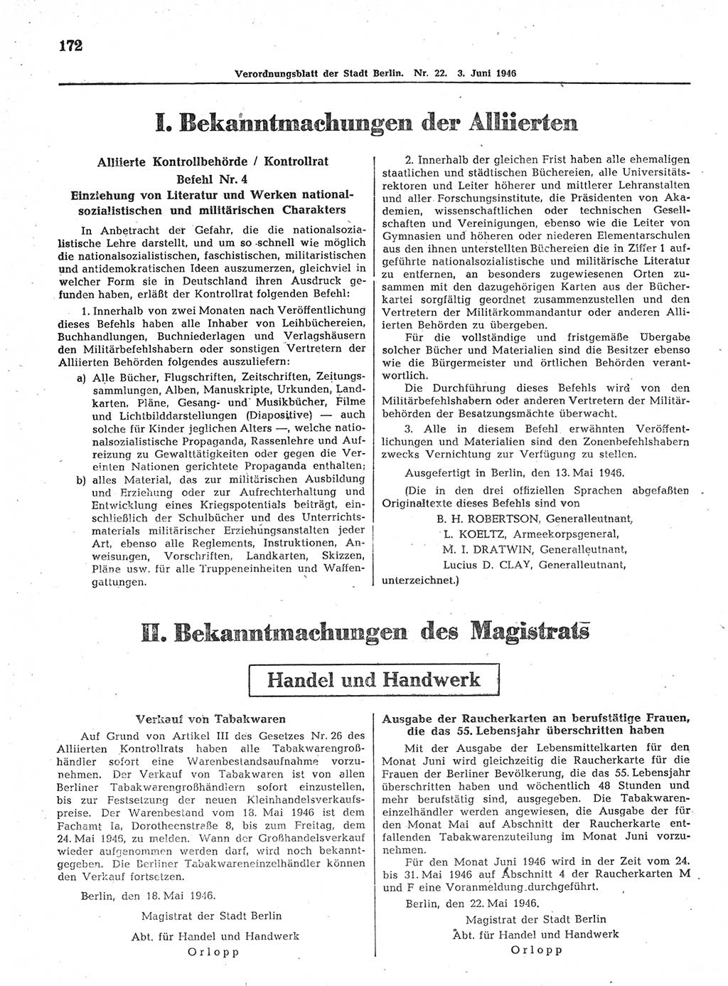 Verordnungsblatt (VOBl.) der Stadt Berlin, für Groß-Berlin 1946, Seite 172 (VOBl. Bln. 1946, S. 172)