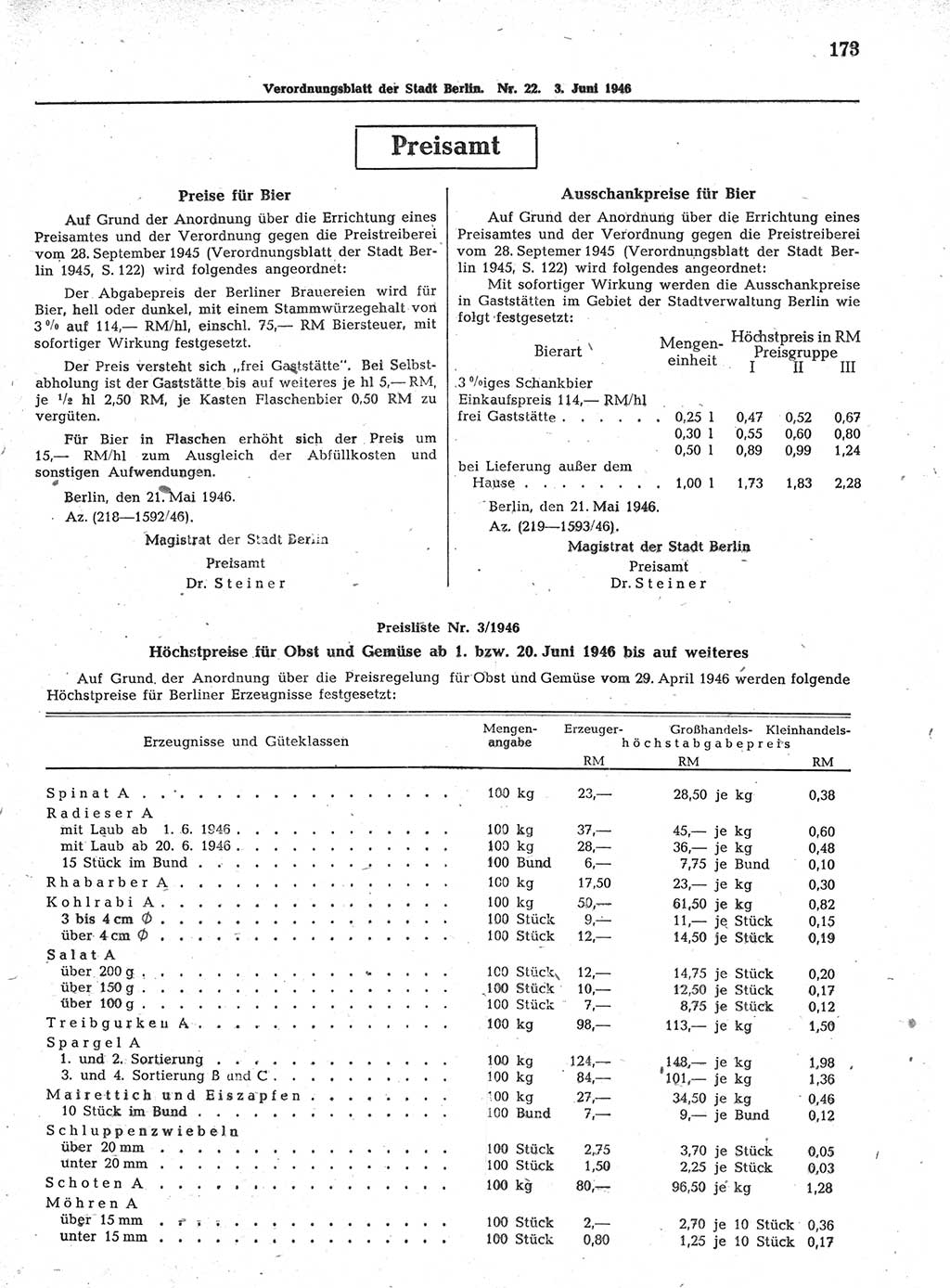 Verordnungsblatt (VOBl.) der Stadt Berlin, für Groß-Berlin 1946, Seite 173 (VOBl. Bln. 1946, S. 173)