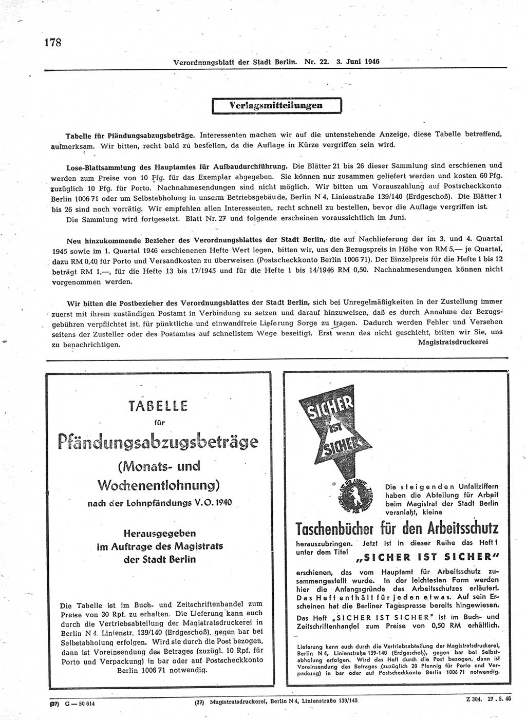 Verordnungsblatt (VOBl.) der Stadt Berlin, für Groß-Berlin 1946, Seite 178 (VOBl. Bln. 1946, S. 178)