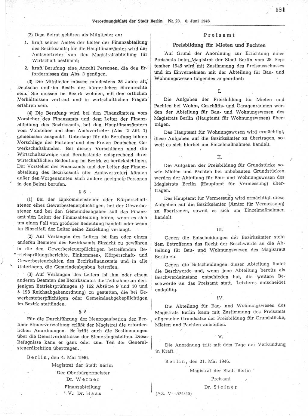 Verordnungsblatt (VOBl.) der Stadt Berlin, für Groß-Berlin 1946, Seite 181 (VOBl. Bln. 1946, S. 181)