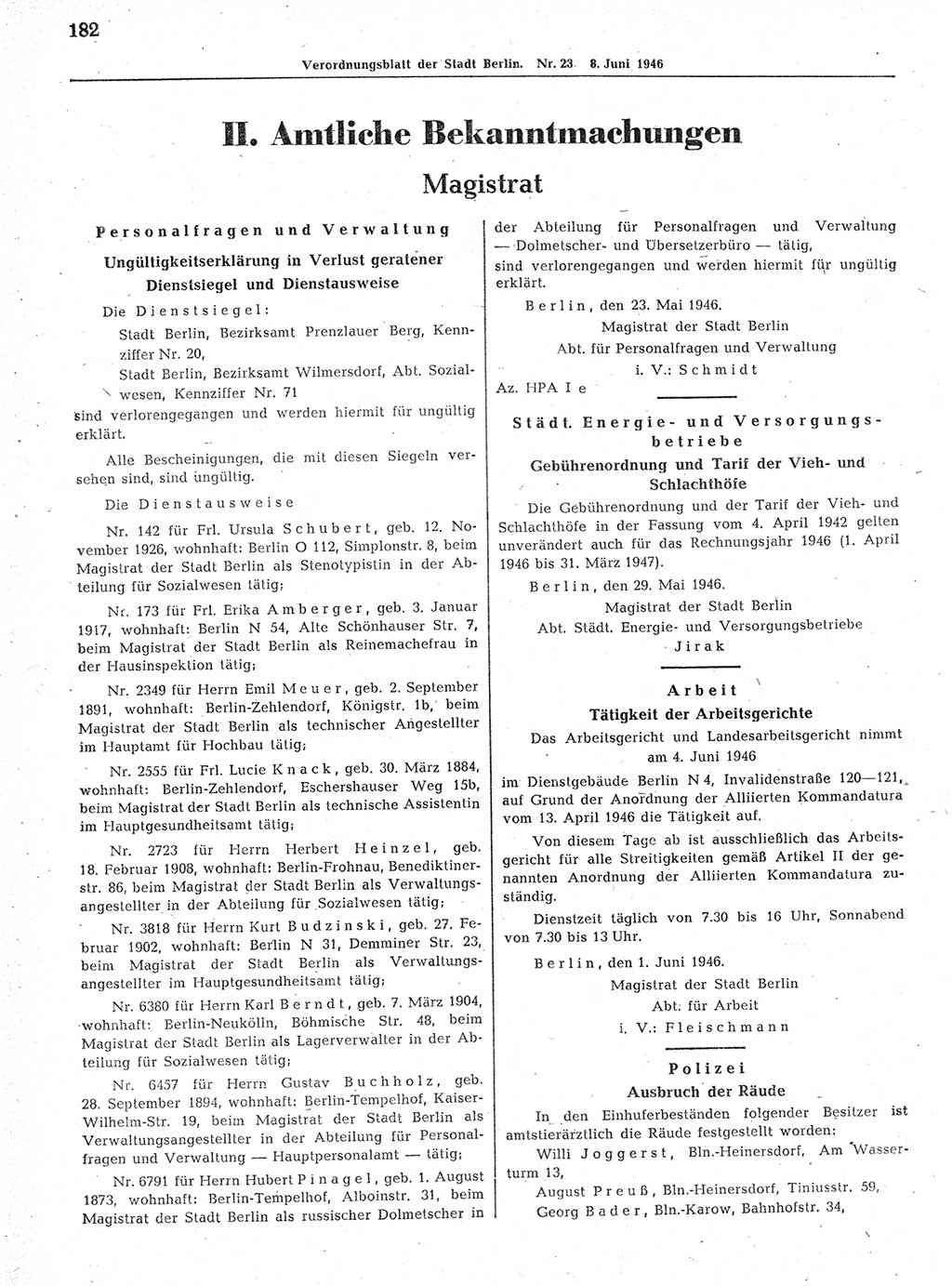 Verordnungsblatt (VOBl.) der Stadt Berlin, für Groß-Berlin 1946, Seite 182 (VOBl. Bln. 1946, S. 182)