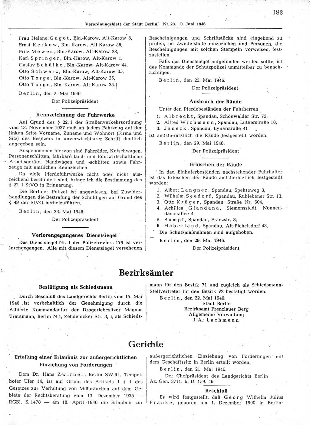 Verordnungsblatt (VOBl.) der Stadt Berlin, für Groß-Berlin 1946, Seite 183 (VOBl. Bln. 1946, S. 183)