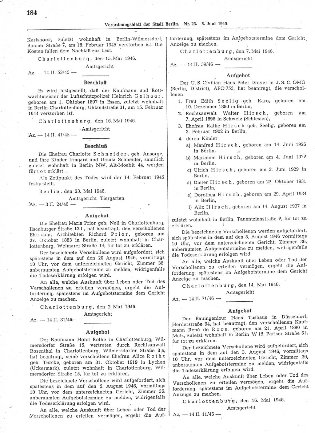 Verordnungsblatt (VOBl.) der Stadt Berlin, für Groß-Berlin 1946, Seite 184 (VOBl. Bln. 1946, S. 184)