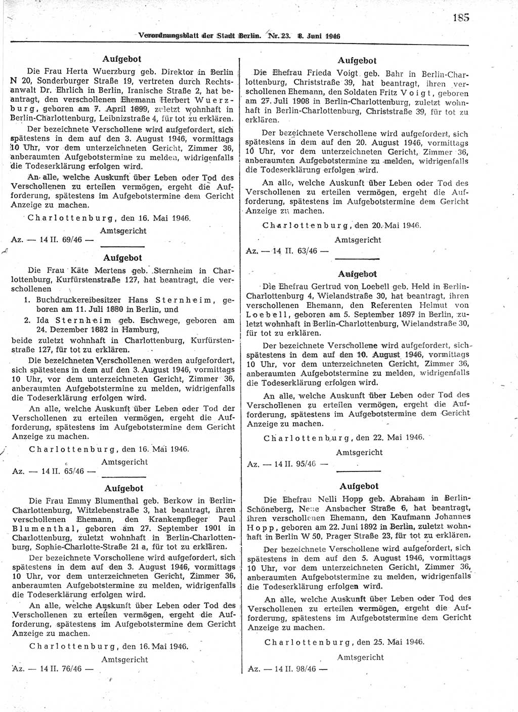 Verordnungsblatt (VOBl.) der Stadt Berlin, für Groß-Berlin 1946, Seite 185 (VOBl. Bln. 1946, S. 185)