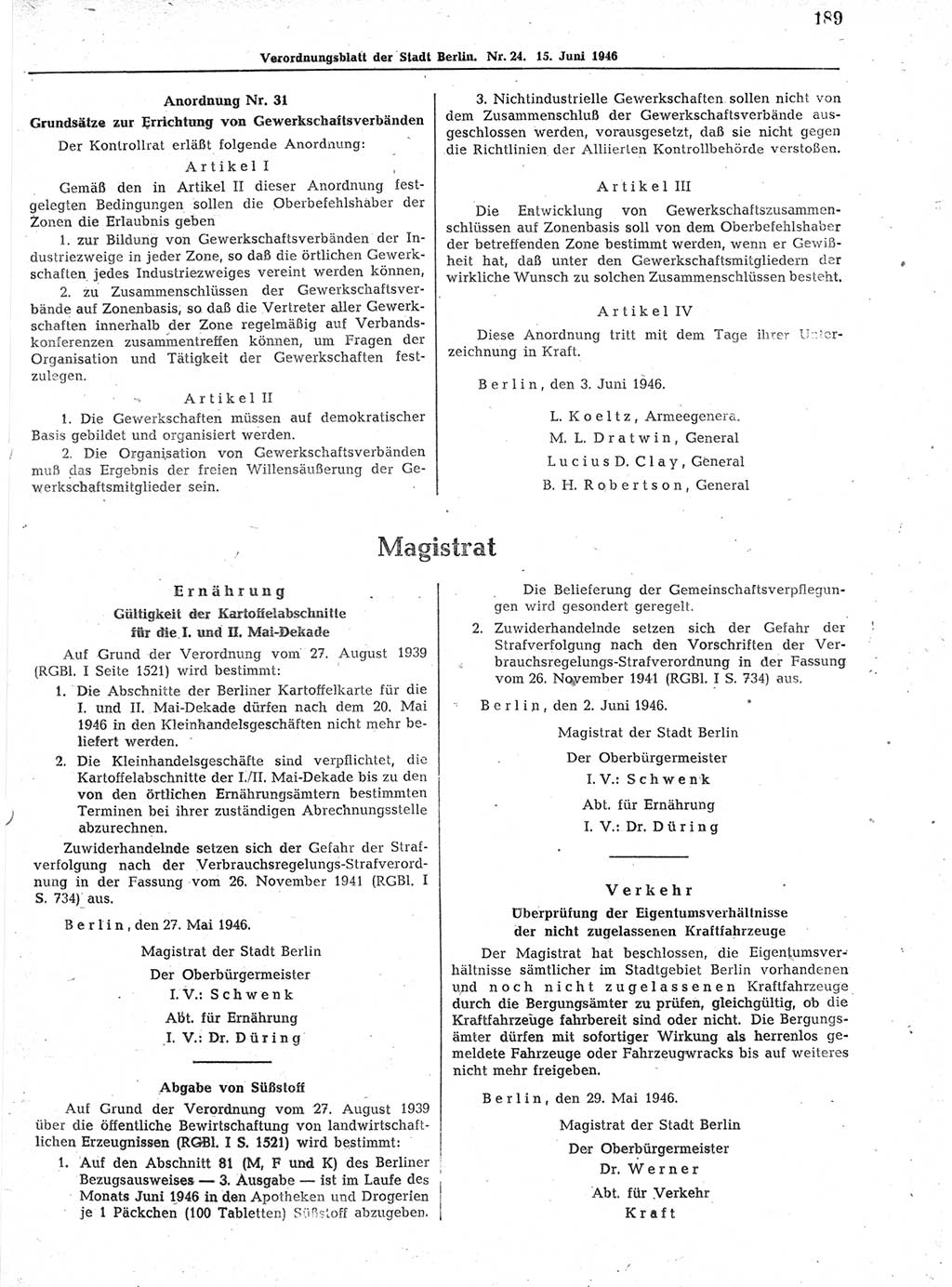 Verordnungsblatt (VOBl.) der Stadt Berlin, für Groß-Berlin 1946, Seite 189 (VOBl. Bln. 1946, S. 189)