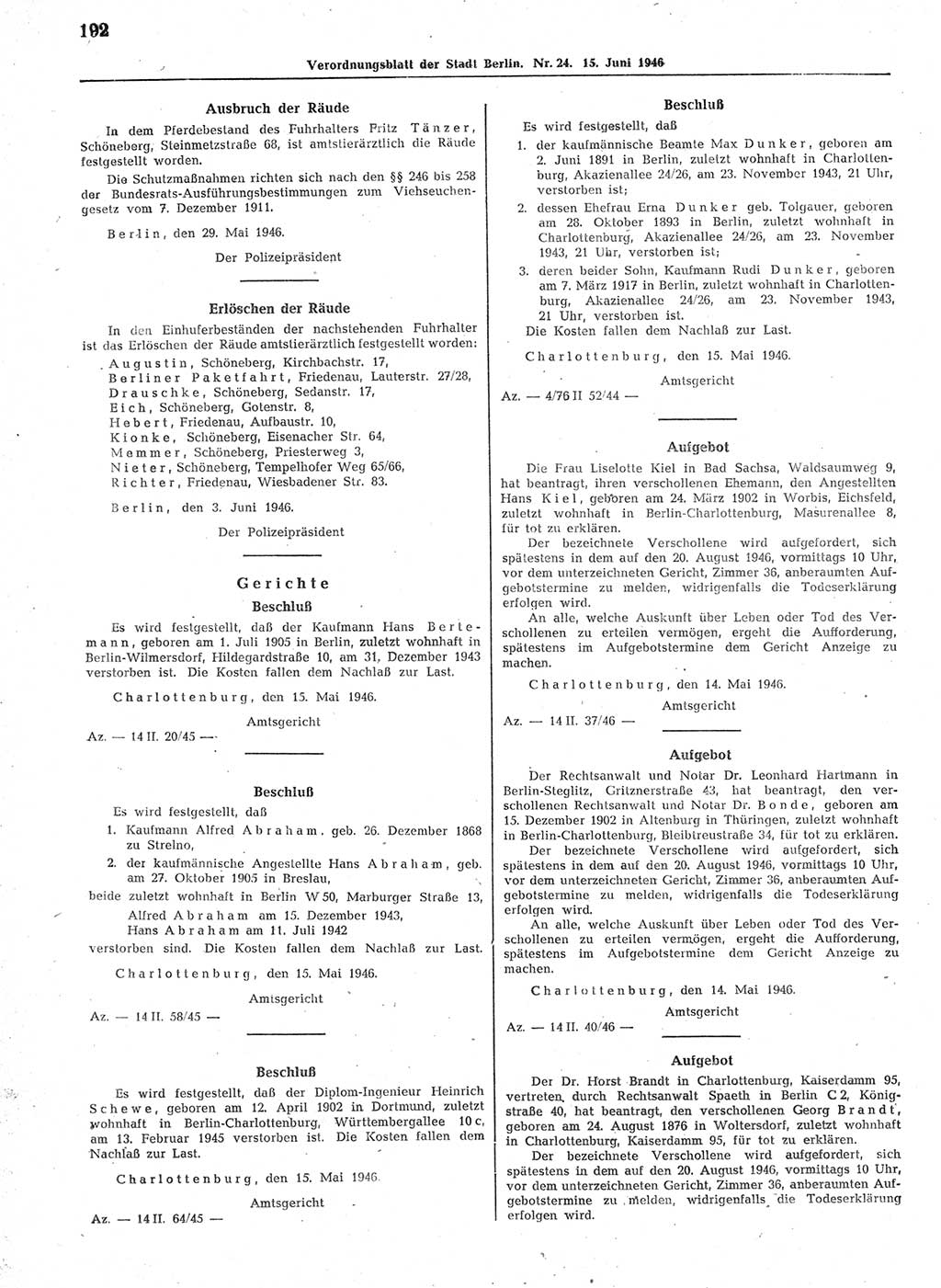 Verordnungsblatt (VOBl.) der Stadt Berlin, für Groß-Berlin 1946, Seite 192 (VOBl. Bln. 1946, S. 192)