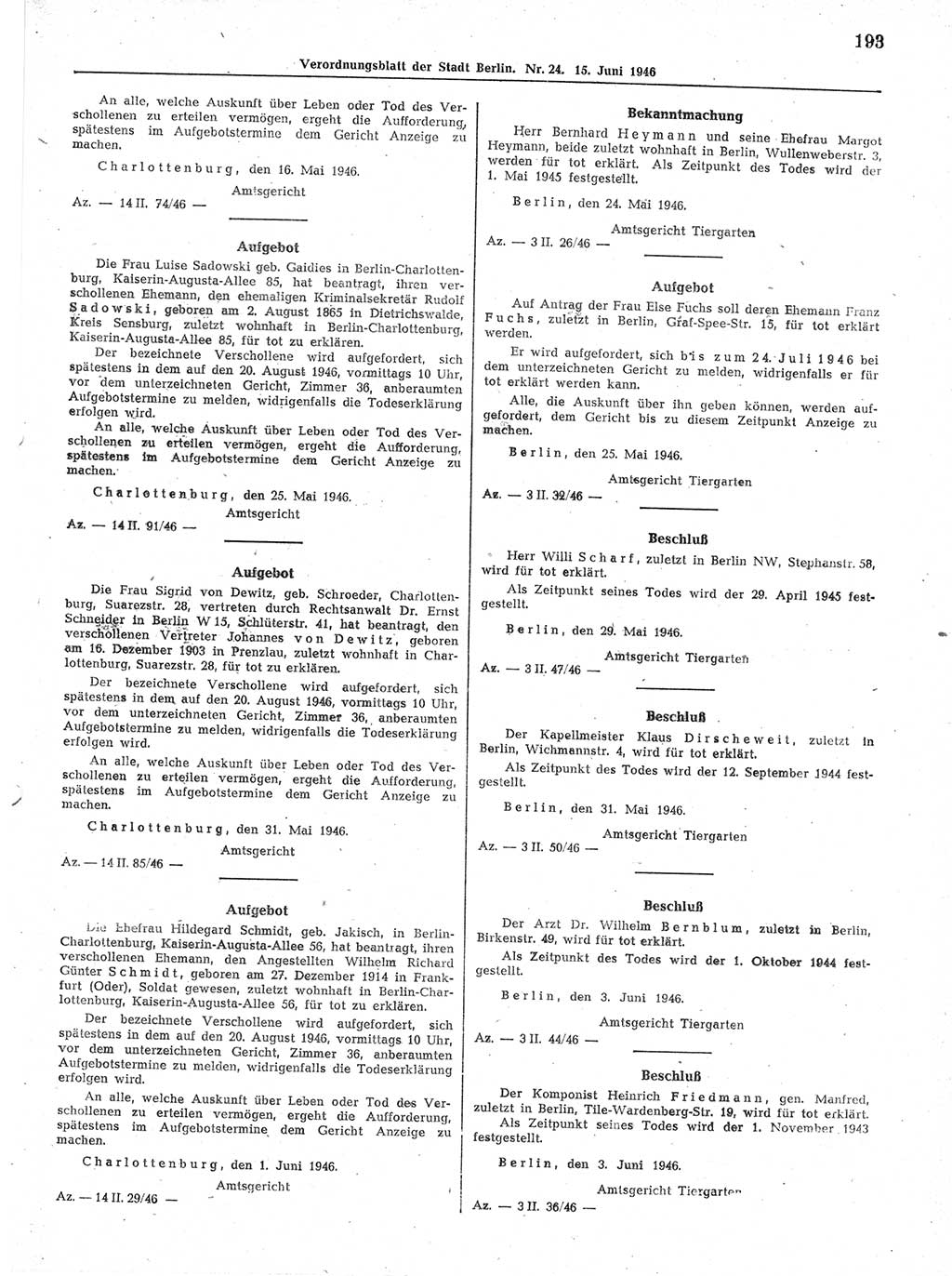 Verordnungsblatt (VOBl.) der Stadt Berlin, für Groß-Berlin 1946, Seite 193 (VOBl. Bln. 1946, S. 193)