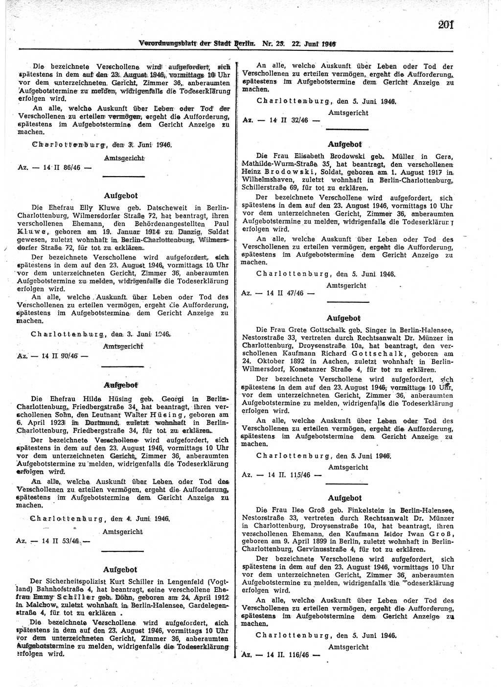 Verordnungsblatt (VOBl.) der Stadt Berlin, für Groß-Berlin 1946, Seite 201 (VOBl. Bln. 1946, S. 201)