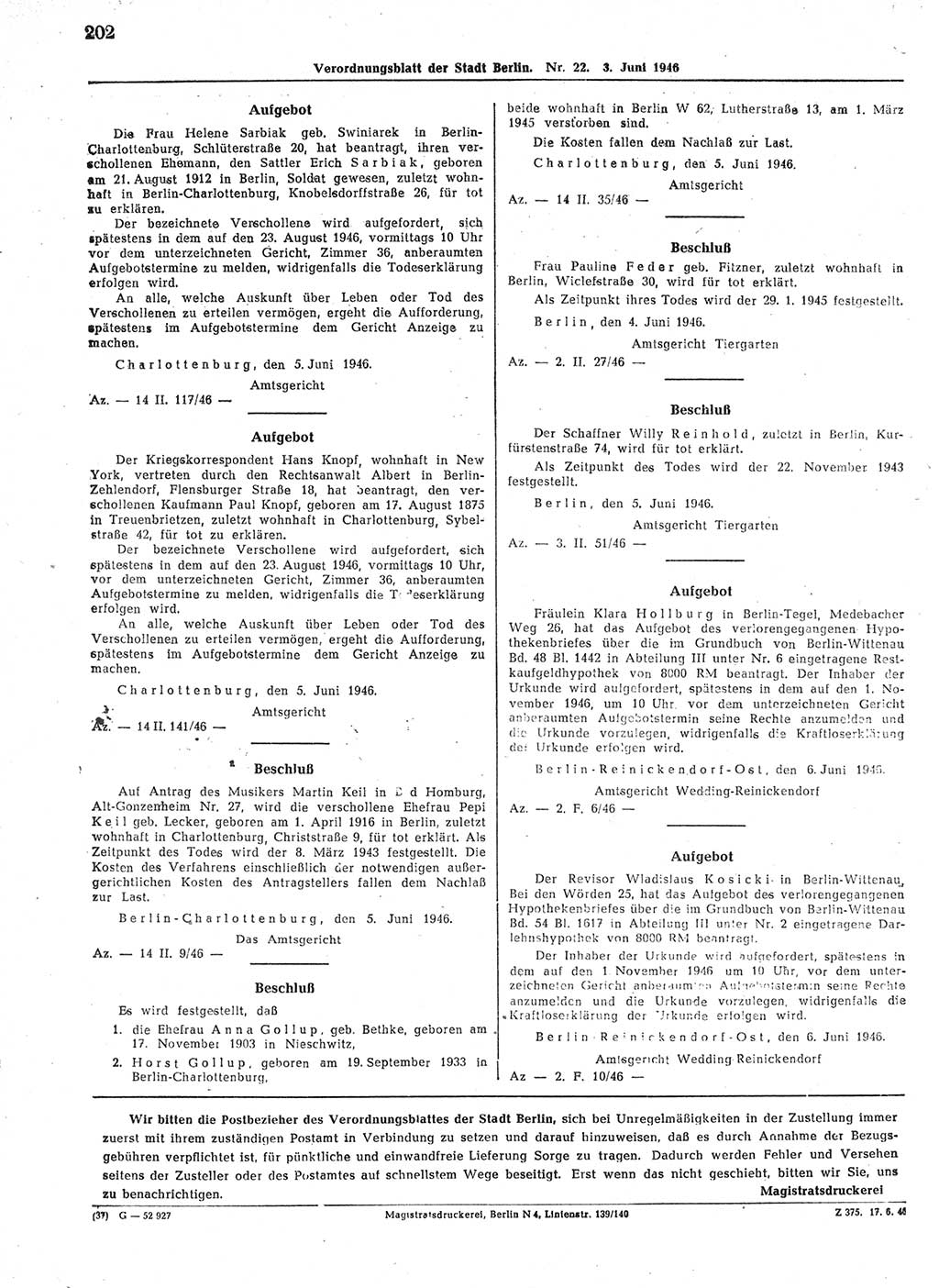 Verordnungsblatt (VOBl.) der Stadt Berlin, für Groß-Berlin 1946, Seite 202 (VOBl. Bln. 1946, S. 202)