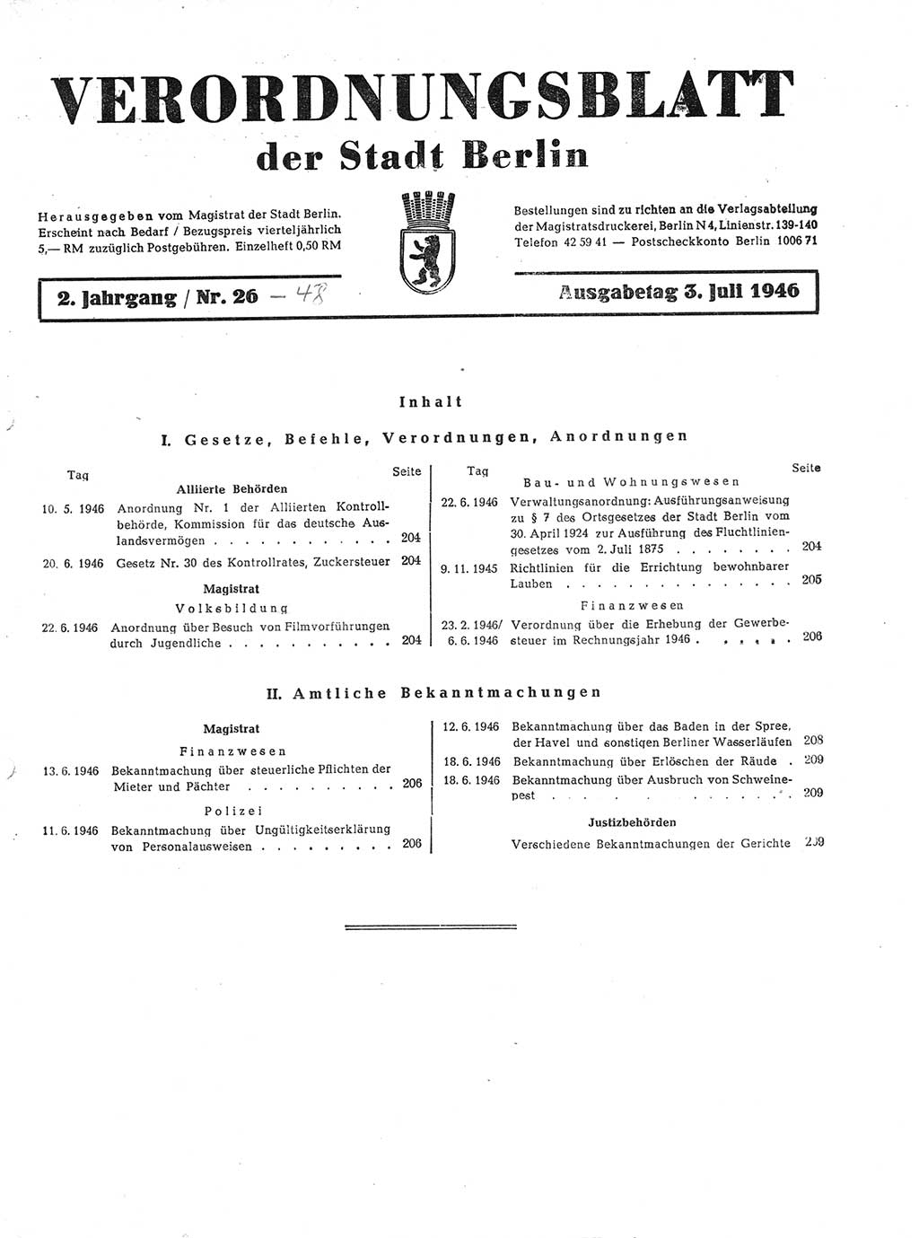 Verordnungsblatt (VOBl.) der Stadt Berlin, für Groß-Berlin 1946, Seite 203 (VOBl. Bln. 1946, S. 203)