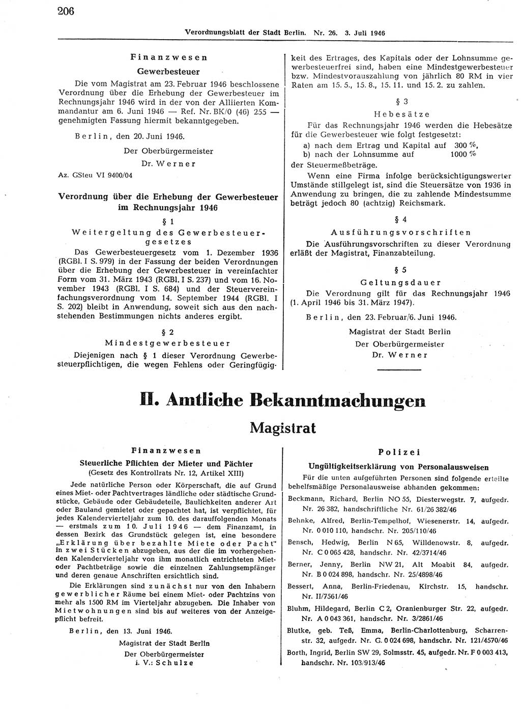 Verordnungsblatt (VOBl.) der Stadt Berlin, für Groß-Berlin 1946, Seite 206 (VOBl. Bln. 1946, S. 206)