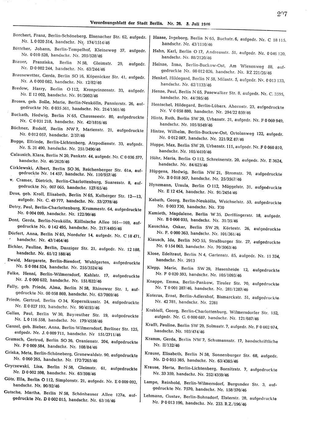 Verordnungsblatt (VOBl.) der Stadt Berlin, für Groß-Berlin 1946, Seite 207 (VOBl. Bln. 1946, S. 207)