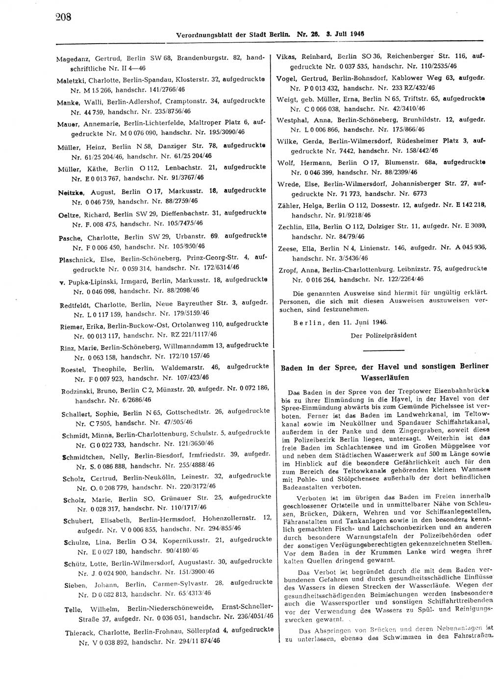 Verordnungsblatt (VOBl.) der Stadt Berlin, für Groß-Berlin 1946, Seite 208 (VOBl. Bln. 1946, S. 208)