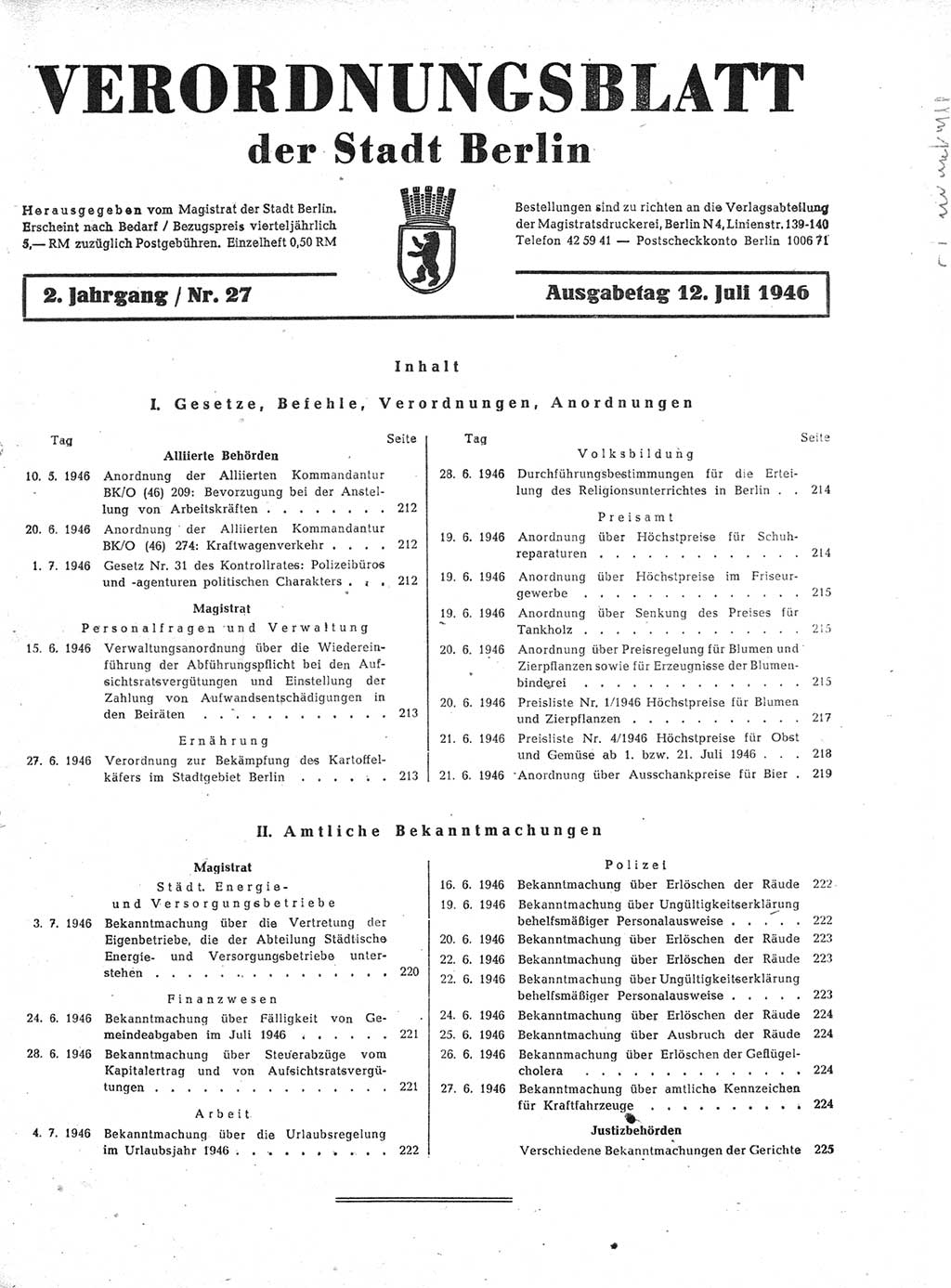 Verordnungsblatt (VOBl.) der Stadt Berlin, für Groß-Berlin 1946, Seite 211 (VOBl. Bln. 1946, S. 211)