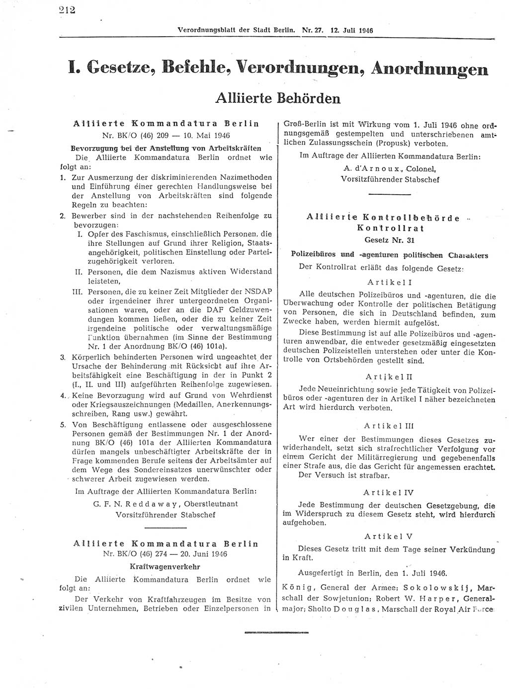 Verordnungsblatt (VOBl.) der Stadt Berlin, für Groß-Berlin 1946, Seite 212 (VOBl. Bln. 1946, S. 212)