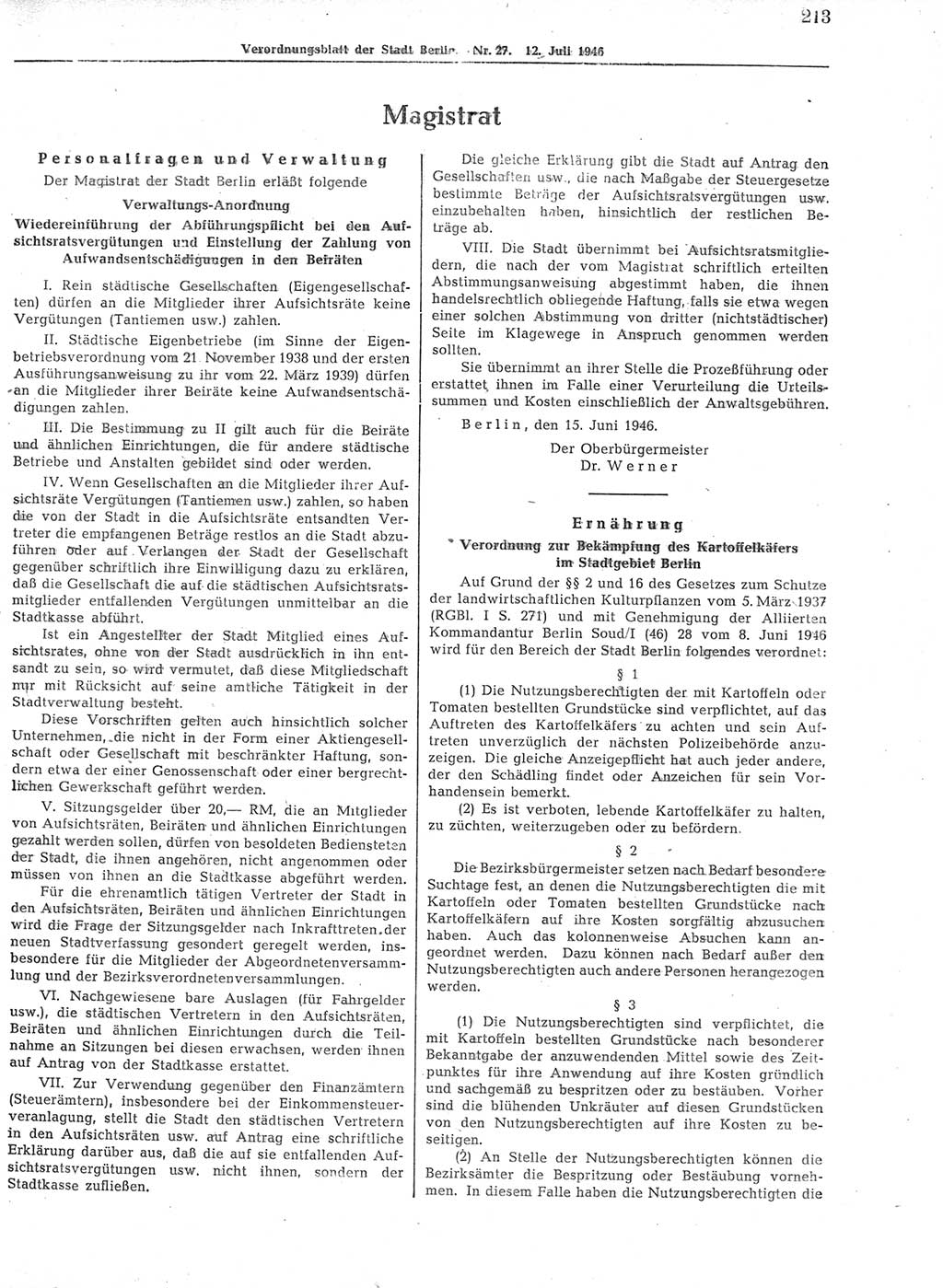 Verordnungsblatt (VOBl.) der Stadt Berlin, für Groß-Berlin 1946, Seite 213 (VOBl. Bln. 1946, S. 213)