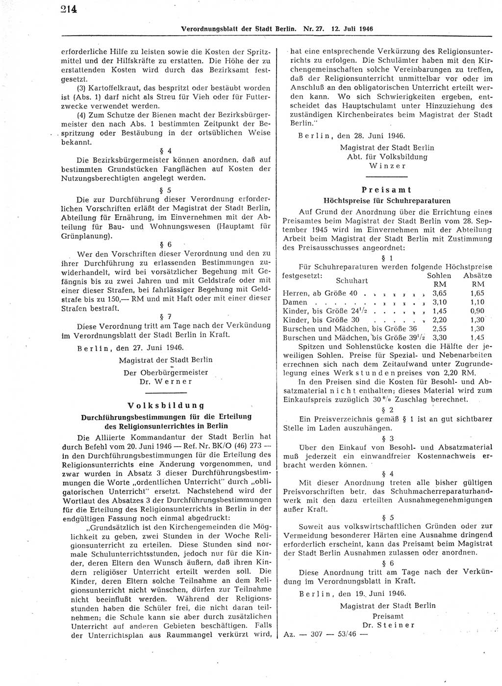 Verordnungsblatt (VOBl.) der Stadt Berlin, für Groß-Berlin 1946, Seite 214 (VOBl. Bln. 1946, S. 214)