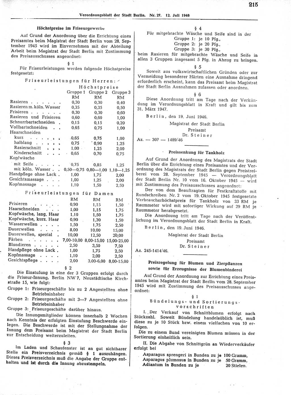 Verordnungsblatt (VOBl.) der Stadt Berlin, für Groß-Berlin 1946, Seite 215 (VOBl. Bln. 1946, S. 215)