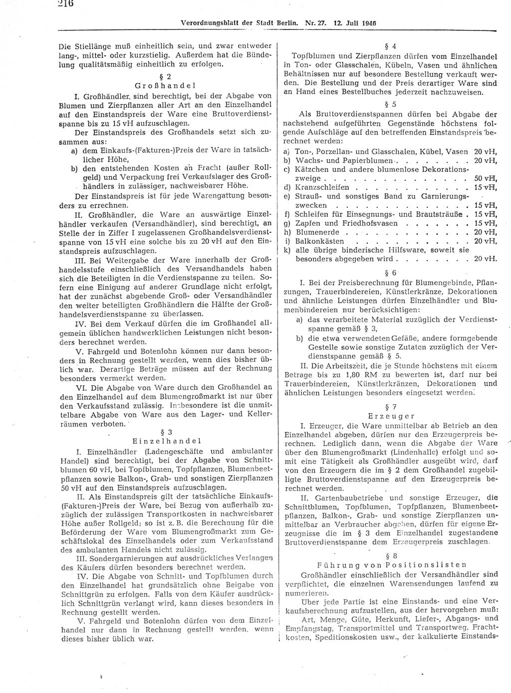 Verordnungsblatt (VOBl.) der Stadt Berlin, für Groß-Berlin 1946, Seite 216 (VOBl. Bln. 1946, S. 216)