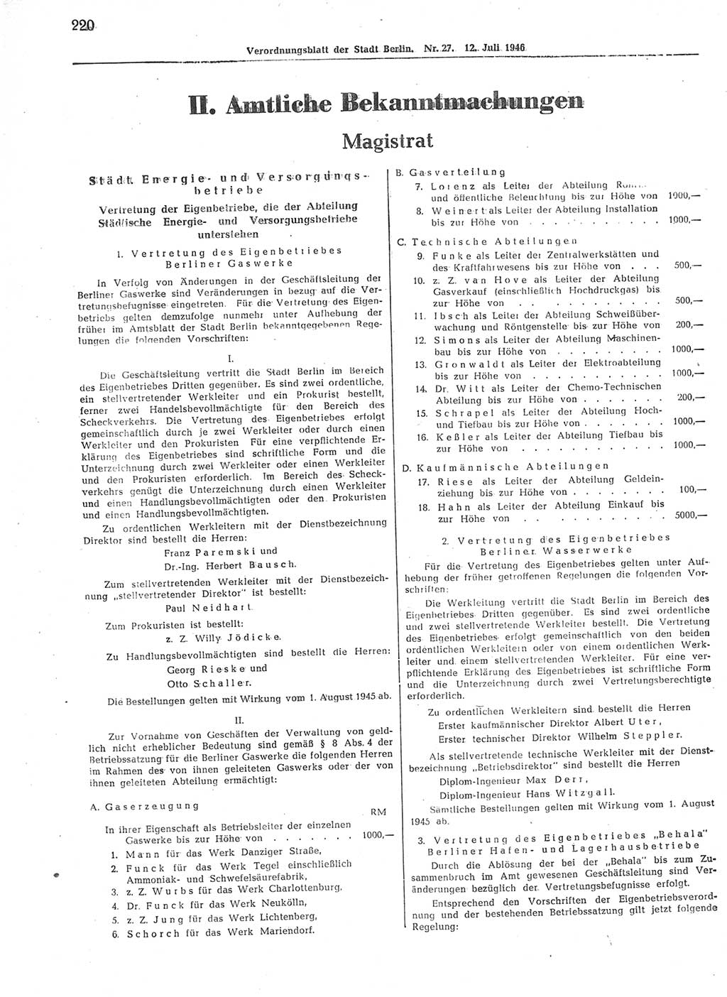 Verordnungsblatt (VOBl.) der Stadt Berlin, für Groß-Berlin 1946, Seite 220 (VOBl. Bln. 1946, S. 220)