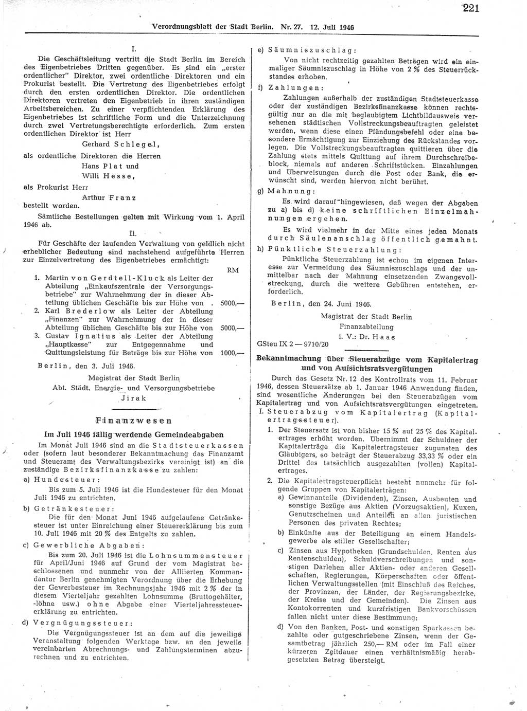 Verordnungsblatt (VOBl.) der Stadt Berlin, für Groß-Berlin 1946, Seite 221 (VOBl. Bln. 1946, S. 221)