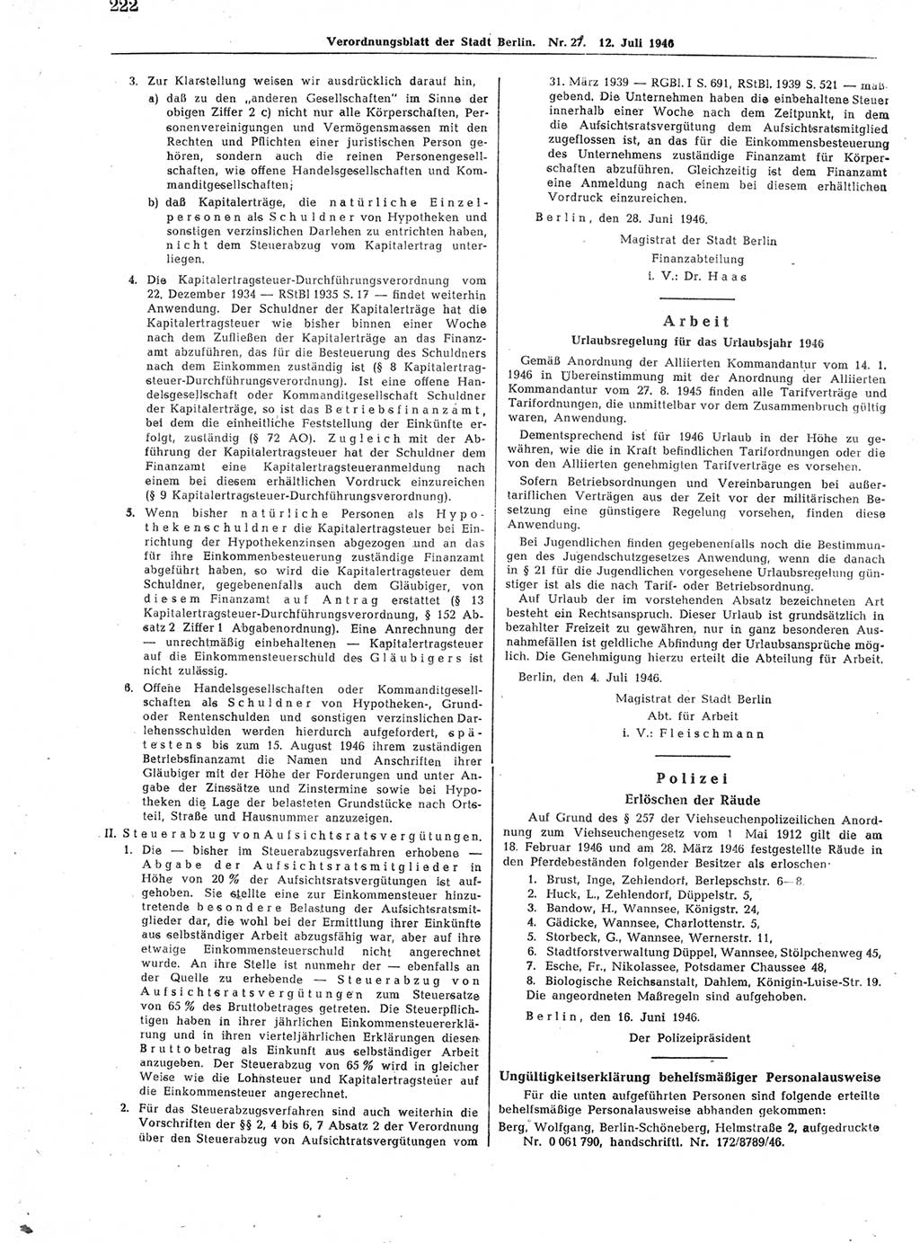 Verordnungsblatt (VOBl.) der Stadt Berlin, für Groß-Berlin 1946, Seite 222 (VOBl. Bln. 1946, S. 222)