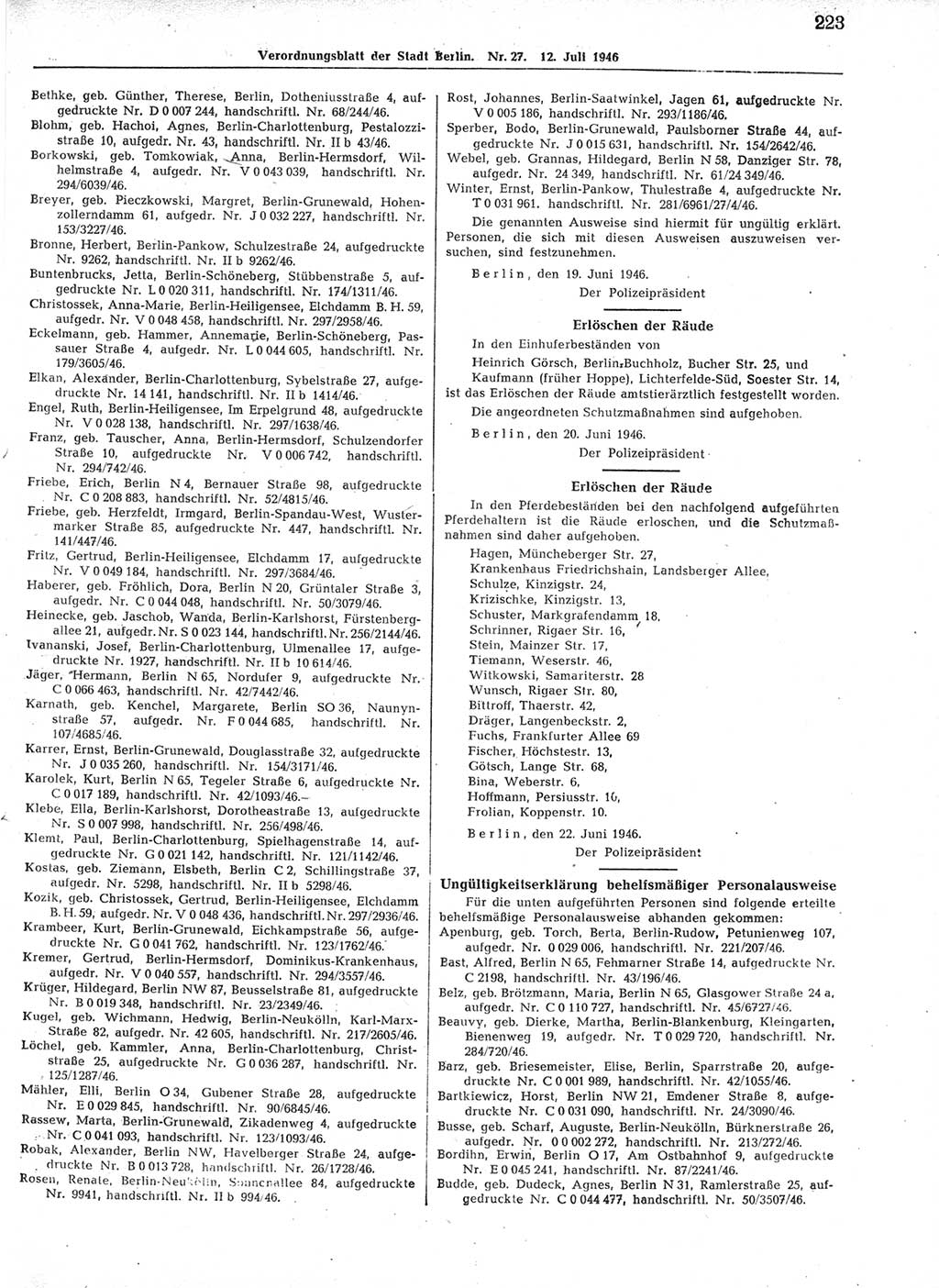 Verordnungsblatt (VOBl.) der Stadt Berlin, für Groß-Berlin 1946, Seite 223 (VOBl. Bln. 1946, S. 223)