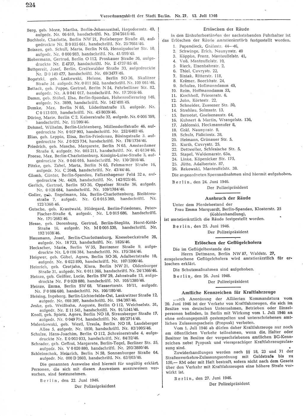 Verordnungsblatt (VOBl.) der Stadt Berlin, für Groß-Berlin 1946, Seite 224 (VOBl. Bln. 1946, S. 224)