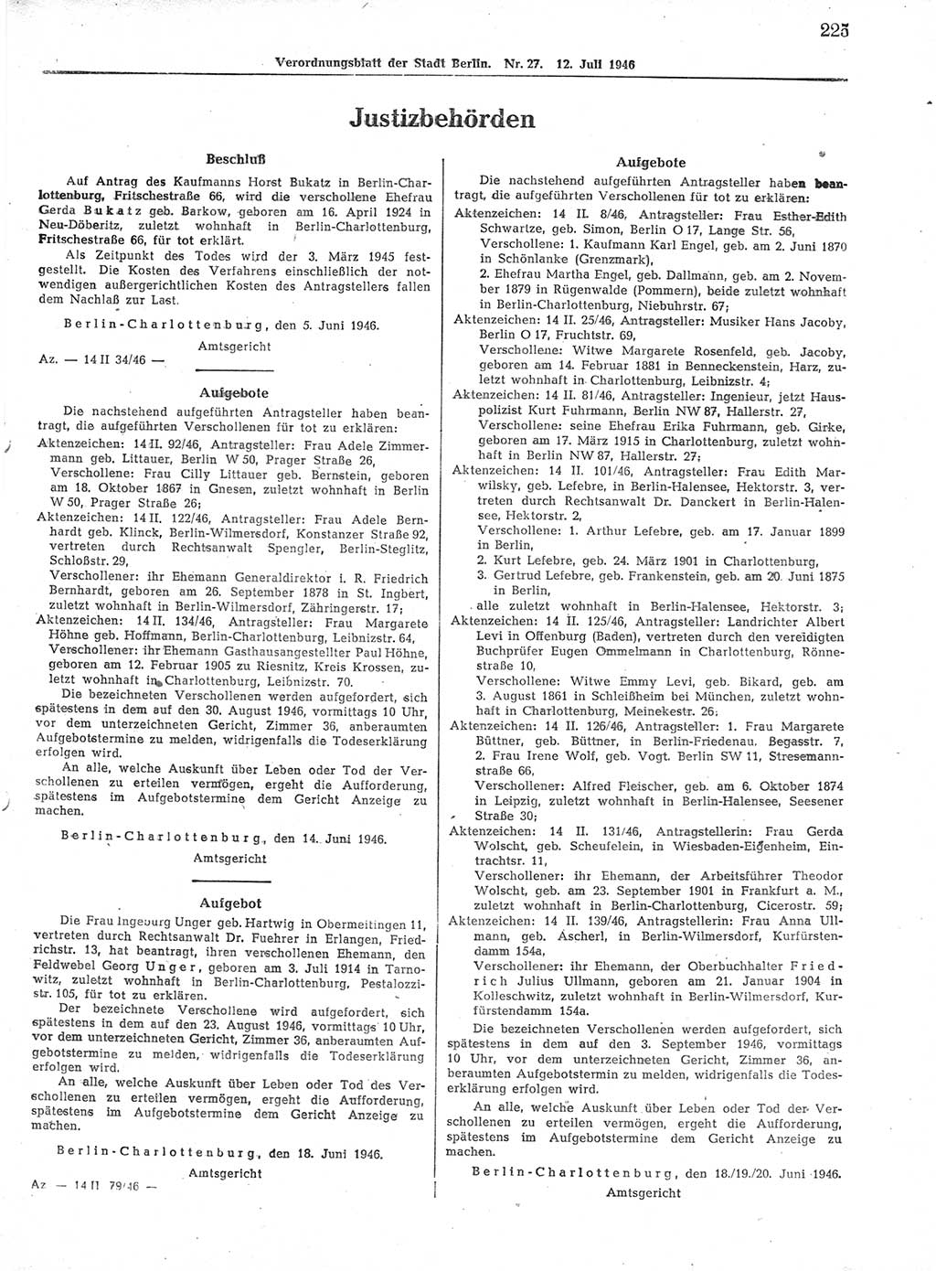 Verordnungsblatt (VOBl.) der Stadt Berlin, für Groß-Berlin 1946, Seite 225 (VOBl. Bln. 1946, S. 225)